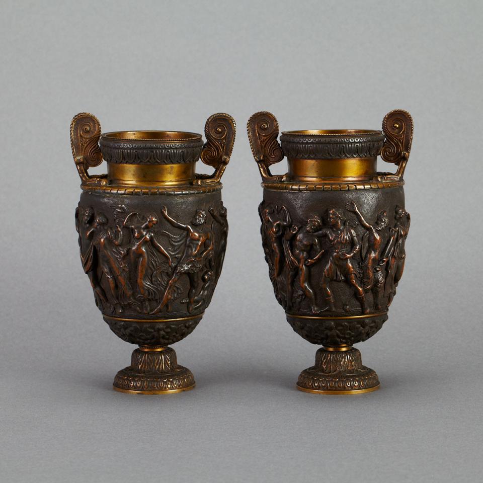 Pair of French Silvered, Gilt and Patinated Bronze Neoclassical Urns, mid 19th century