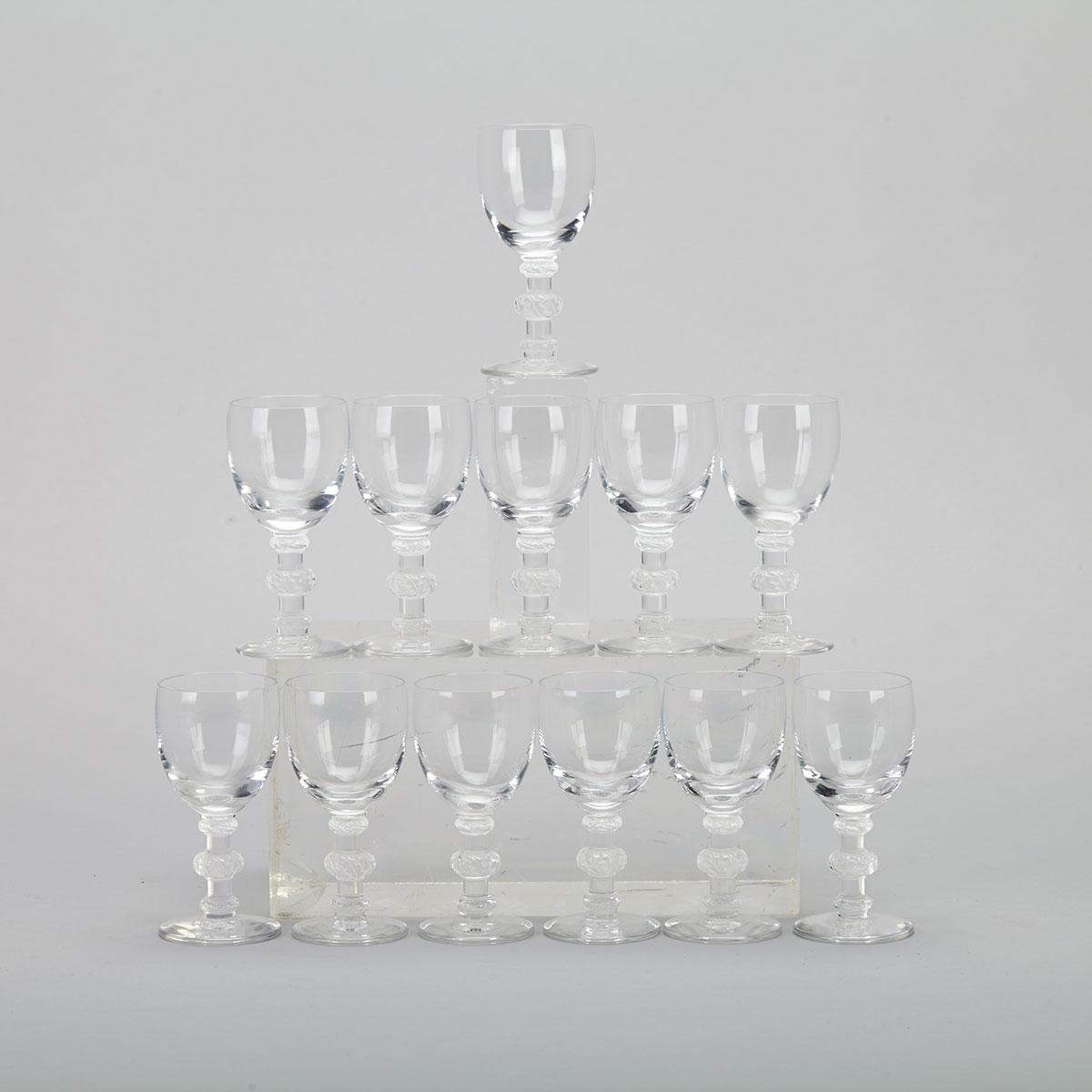 ‘Saint-Hubert’, Twelve Lalique Moulded and Partly Frosted Glass Liqueurs, post-1945