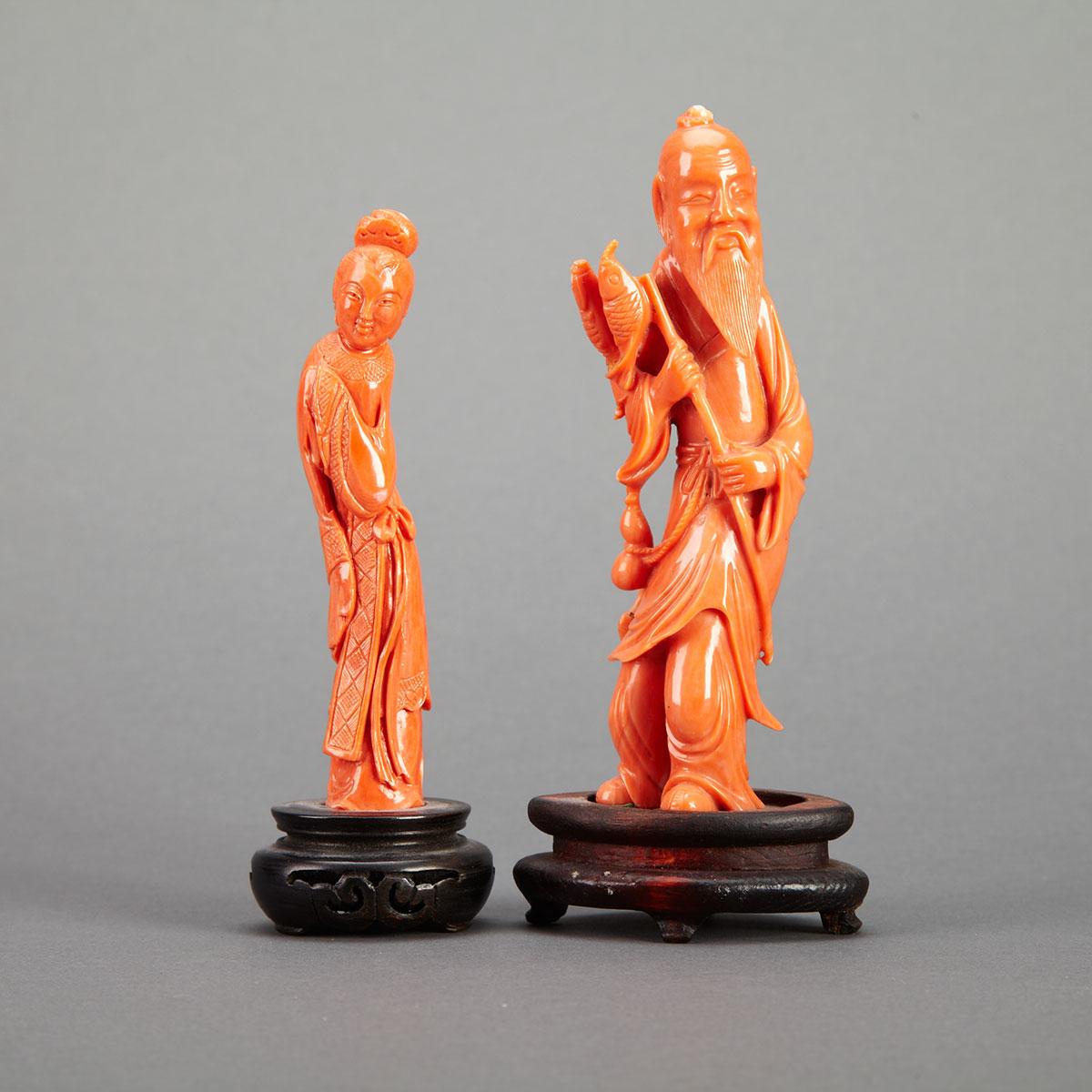 Two Coral Carved Figures, Qing Dynasty