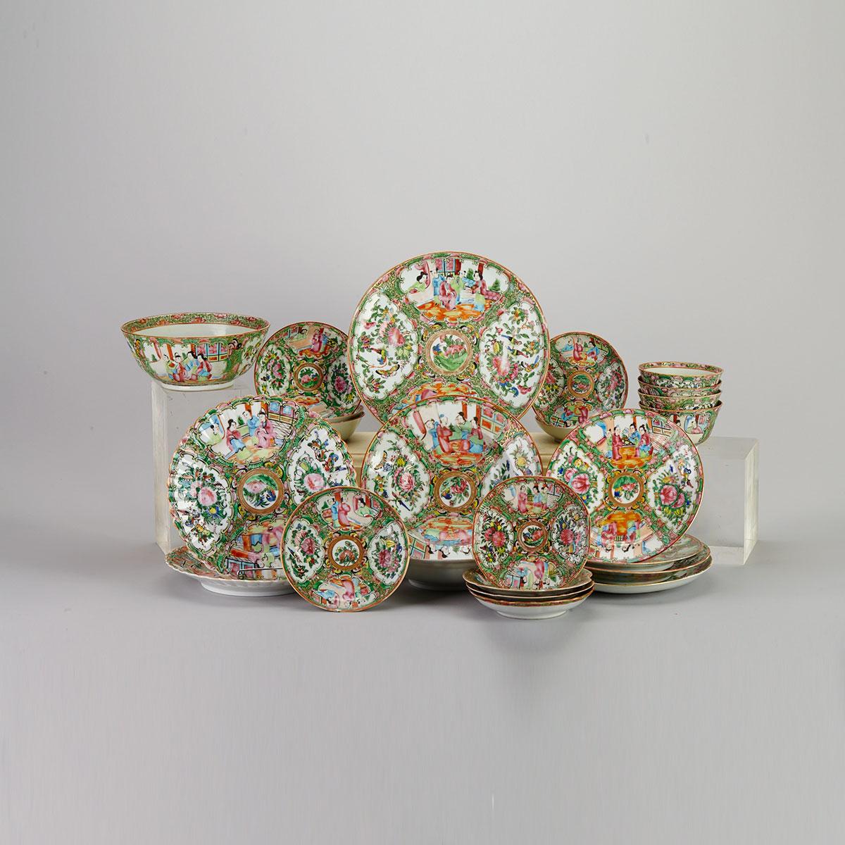 Group of 24 Export Canton Rose Plates, Dishes and Bowls, 19th Century