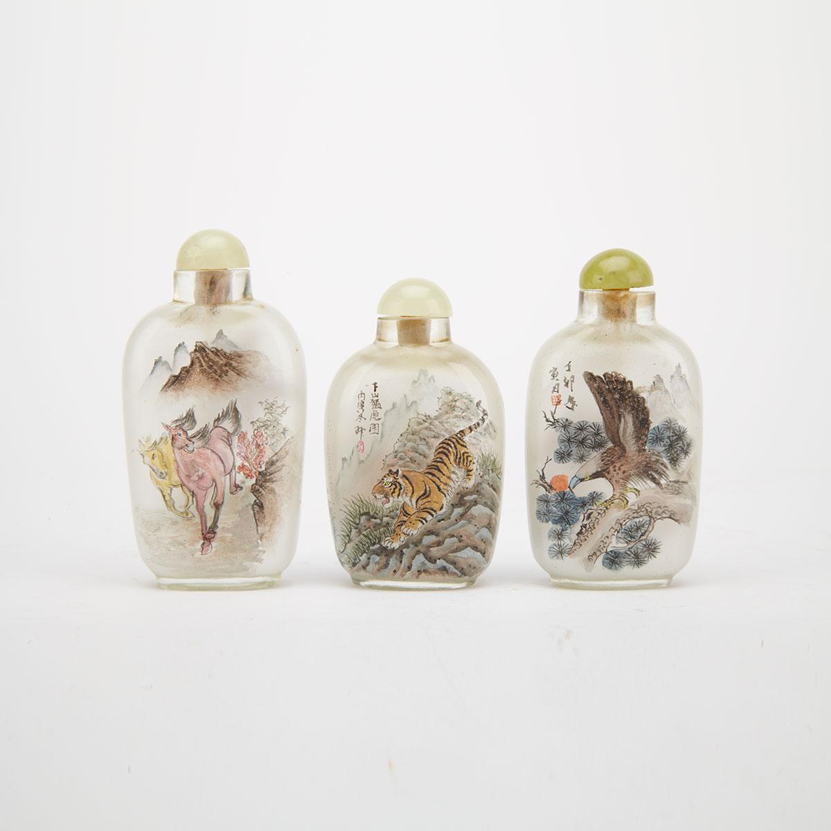 Three Interior Painted Glass Snuff Bottles, Early 20th Century