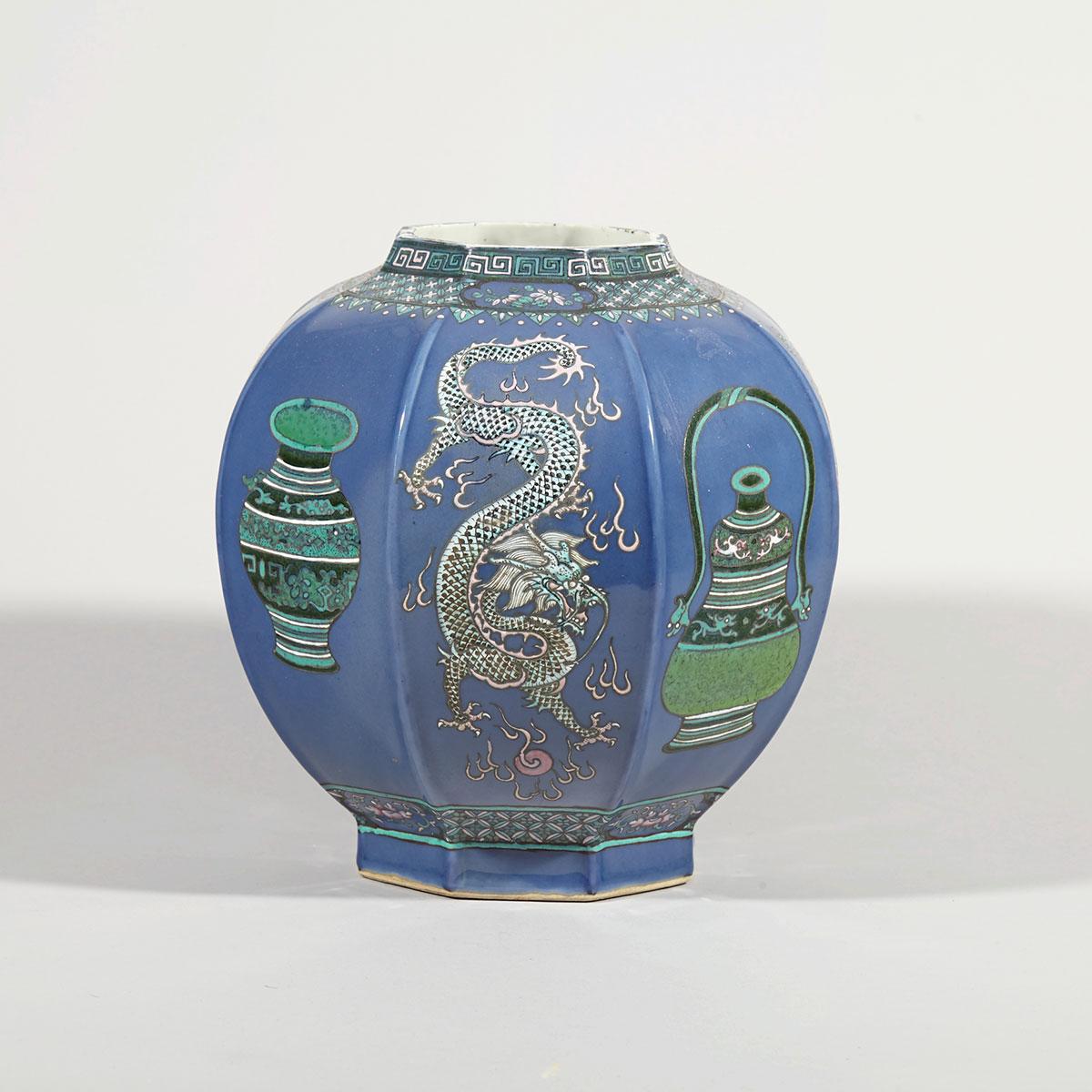 Famille Rose Blue-Ground Octagonal Vase, Kangxi Mark
