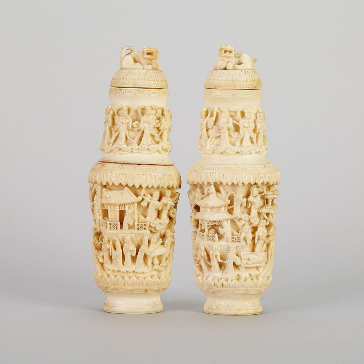 Pair Export Ivory Vases, 19th Century