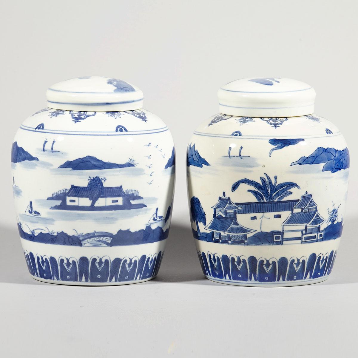 Pair of Blue and White ‘Landscape’ Covered Ginger Jars