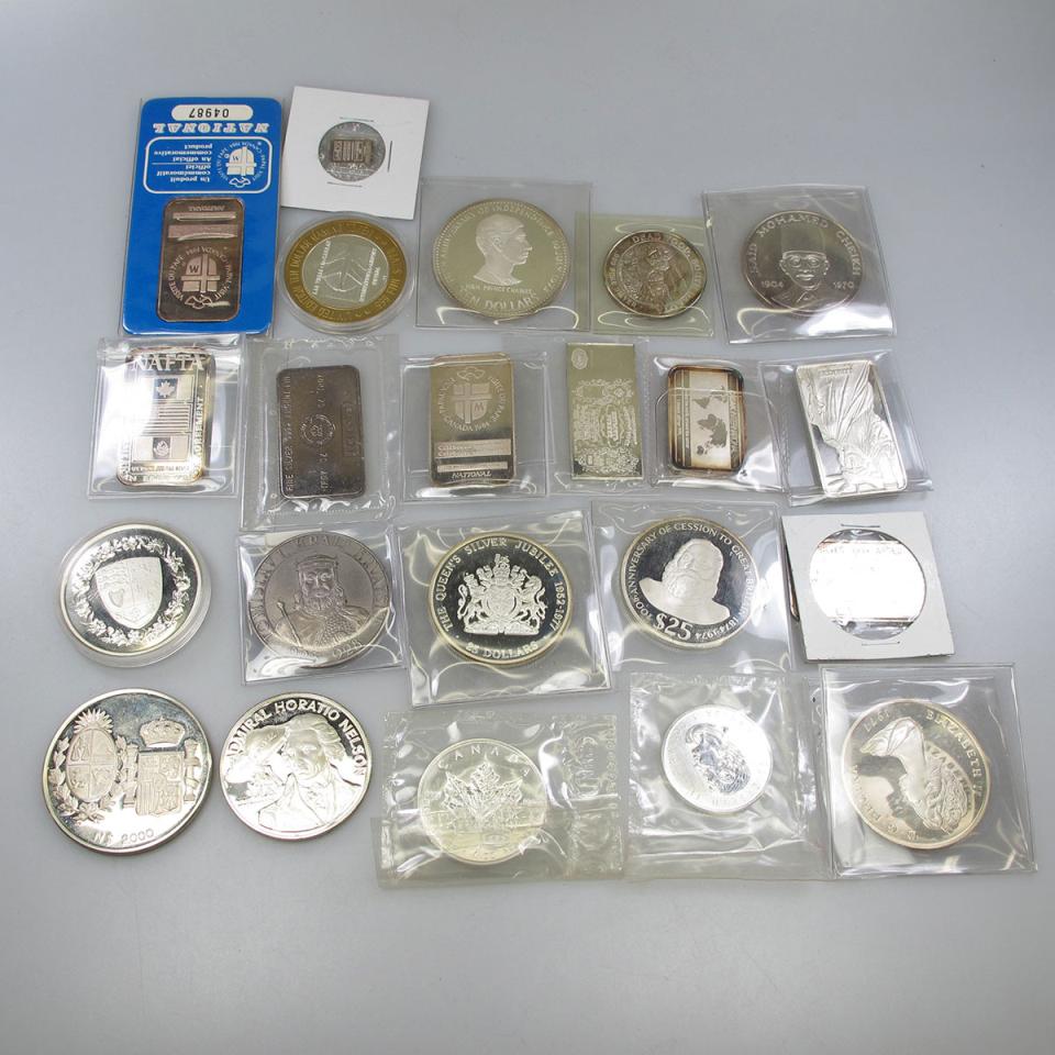 7 One Ounce Silver Ingots, 13 Large Silver Coins & Medallions, Etc