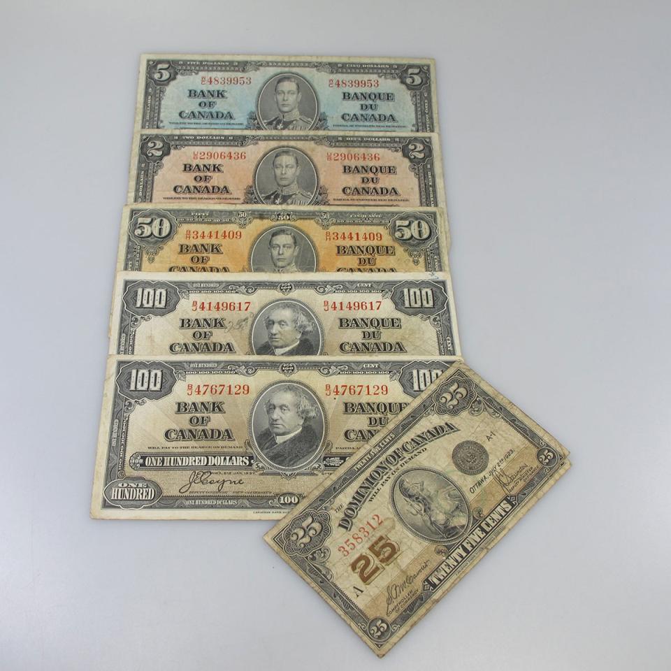 5 Various Canadian 1937 Bank Notes