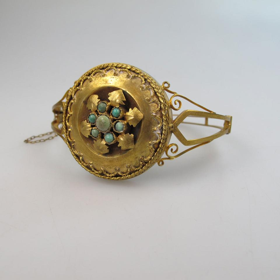 9k Yellow Gold Hinged Bangle set with 7 small turquoise cabochons