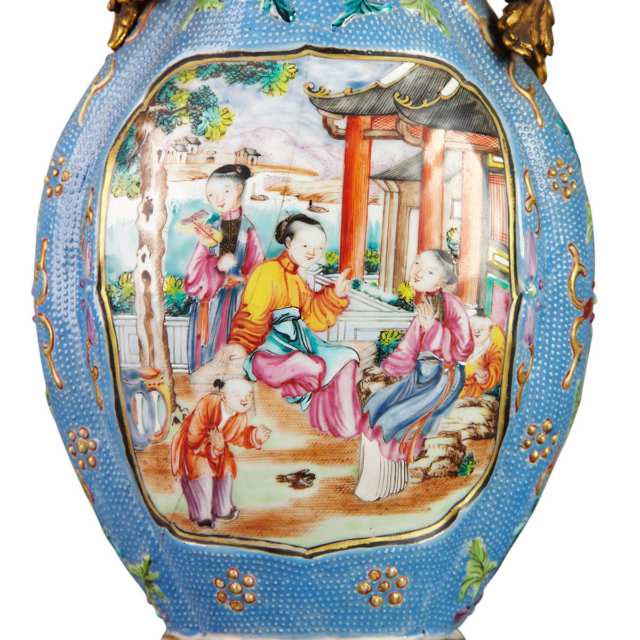Pair of Export Mandarin Rose Ormolu Mounted Vases, 18th Century