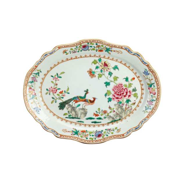 Five Export Famille Rose ‘Peacock’ Serving Platters, 18th Century