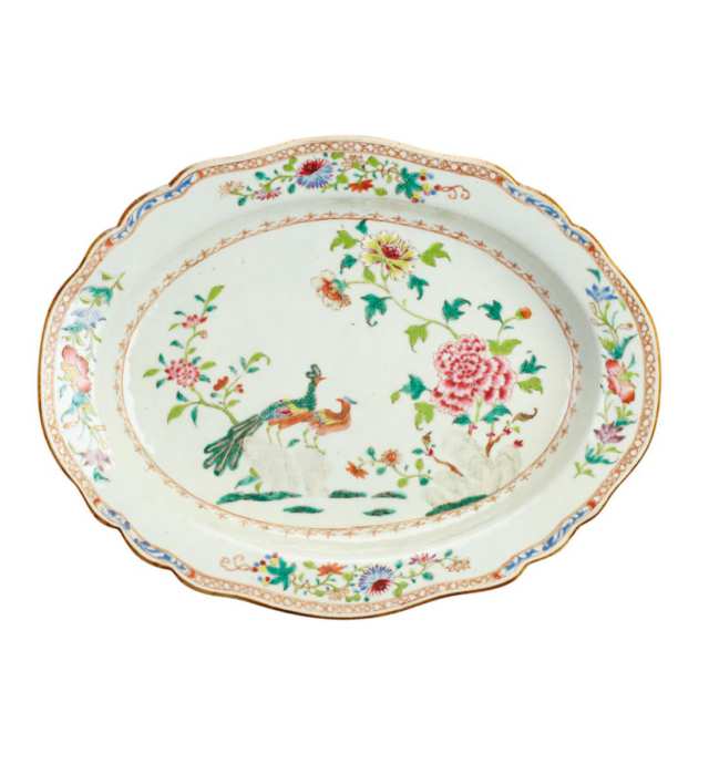 Five Export Famille Rose ‘Peacock’ Serving Platters, 18th Century
