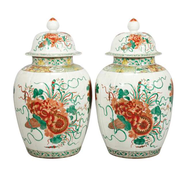 Pair of Famille Verte Melon Form Jars and Covers