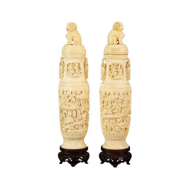 Pair of Ivory Carved Vases and Covers, 19th Century