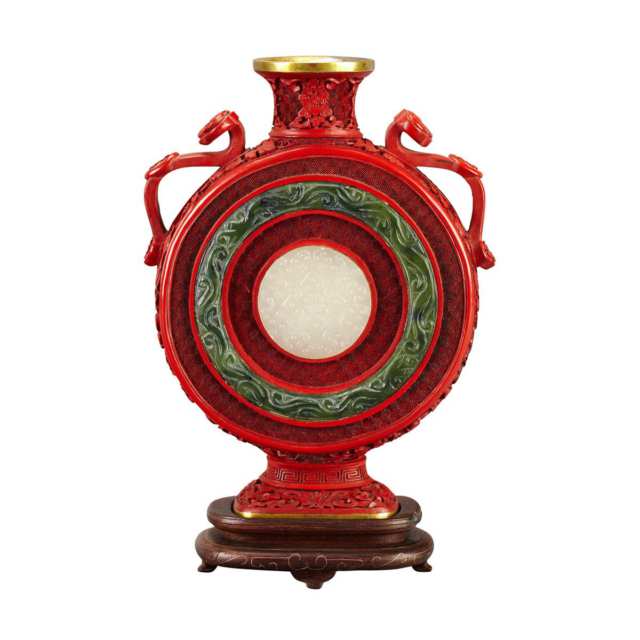 Cinnabar Lacquer Moonflask with Jade Inlays, Republican Period
