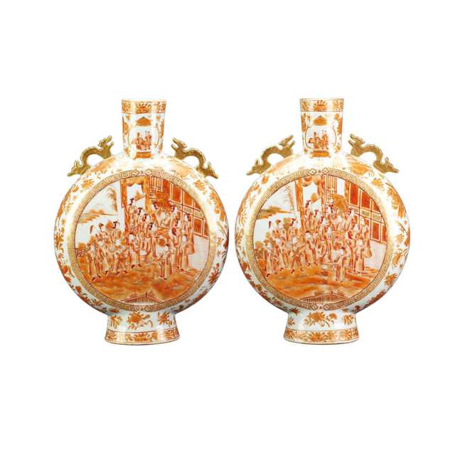 Unusual Pair of Export Iron Red Canton Moon Flasks, 19th Century
