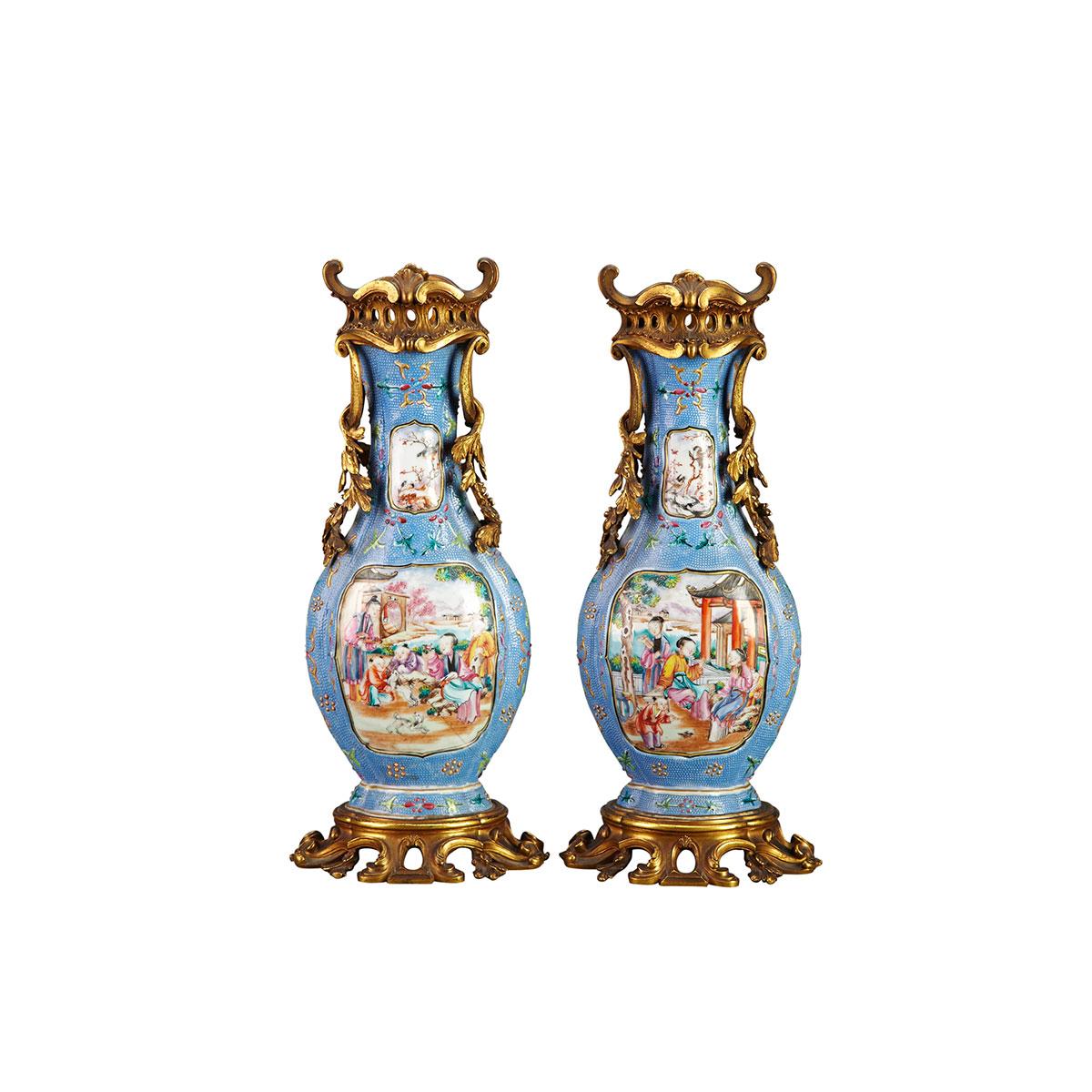 Pair of Export Mandarin Rose Ormolu Mounted Vases, 18th Century