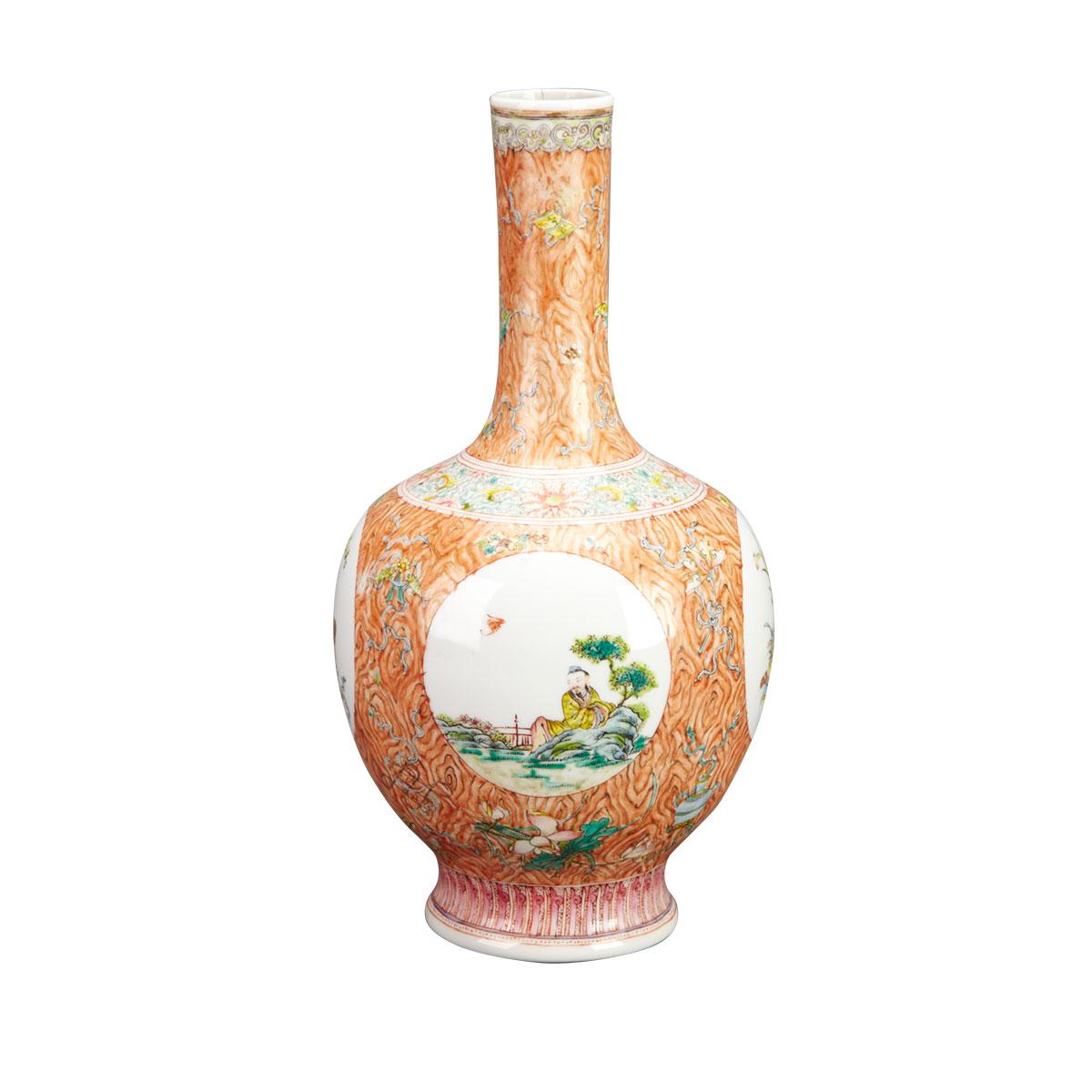 Famille Rose ‘Faux-Bois’ Bottle Vase, Qianlong Mark, Republican Period