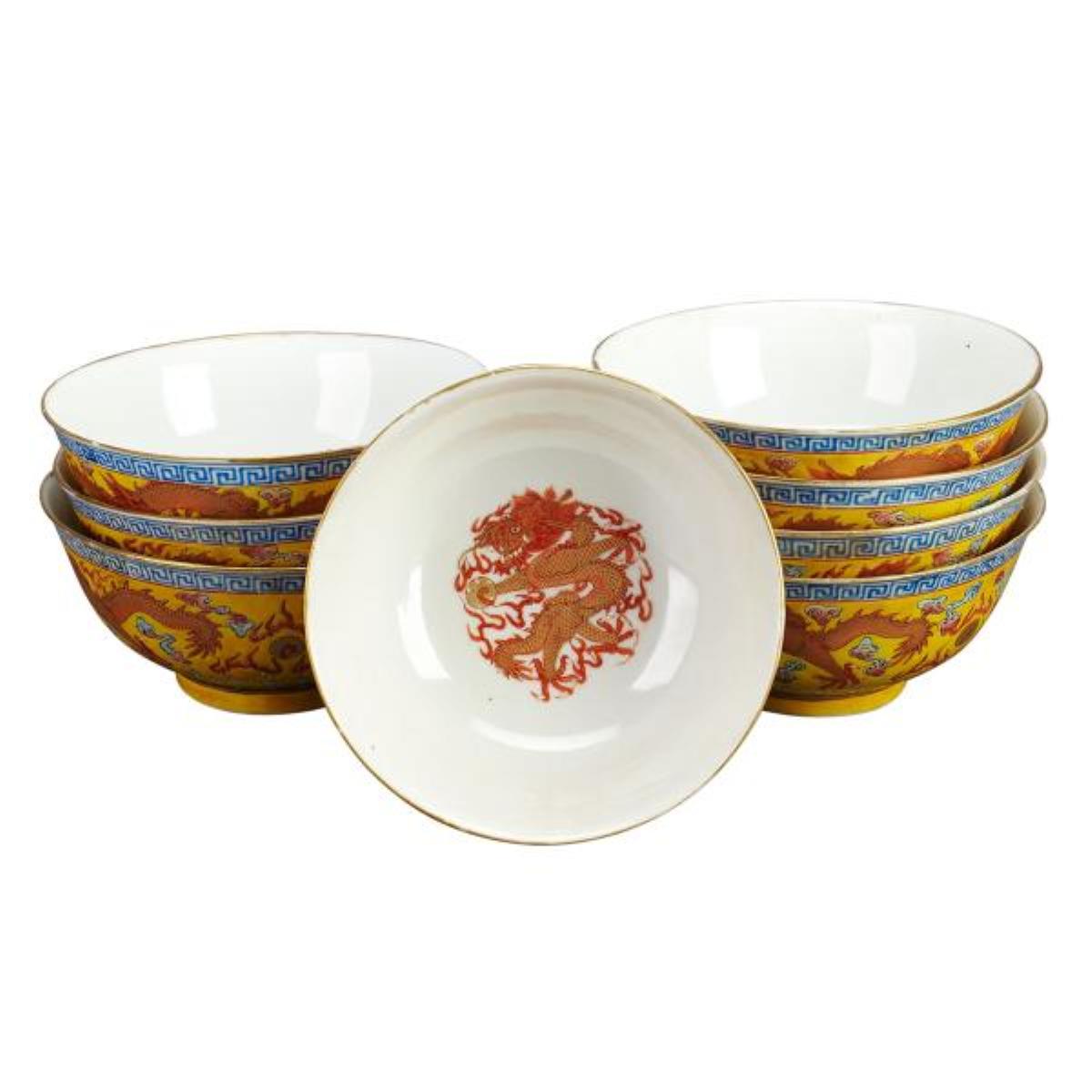 Eight Famille Rose Dragon Bowls, Guangxu Mark and Late in the Period (1875-1908)