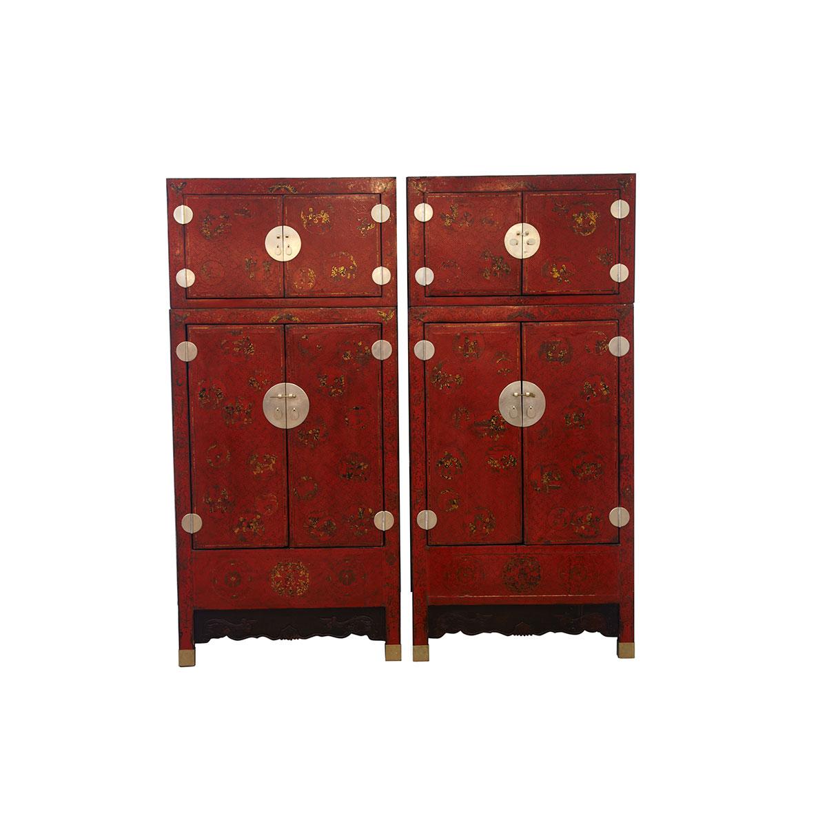 Pair of Massive Red Lacquer Compound Cabinets, 19th Century