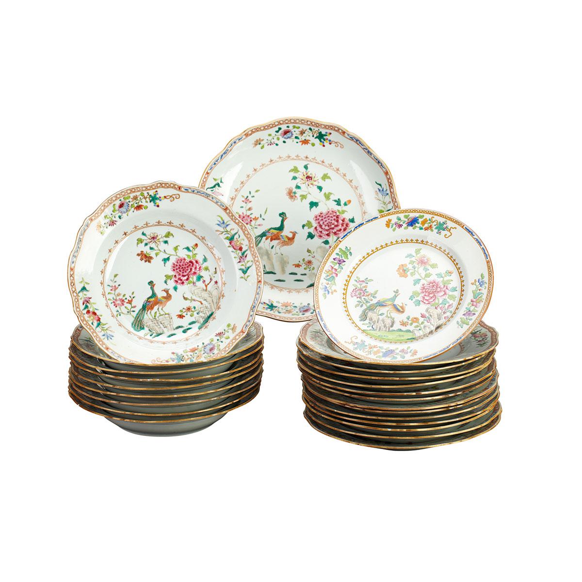 23 Export Famille Rose ‘Peacock’ Service Dishes, 18th Century