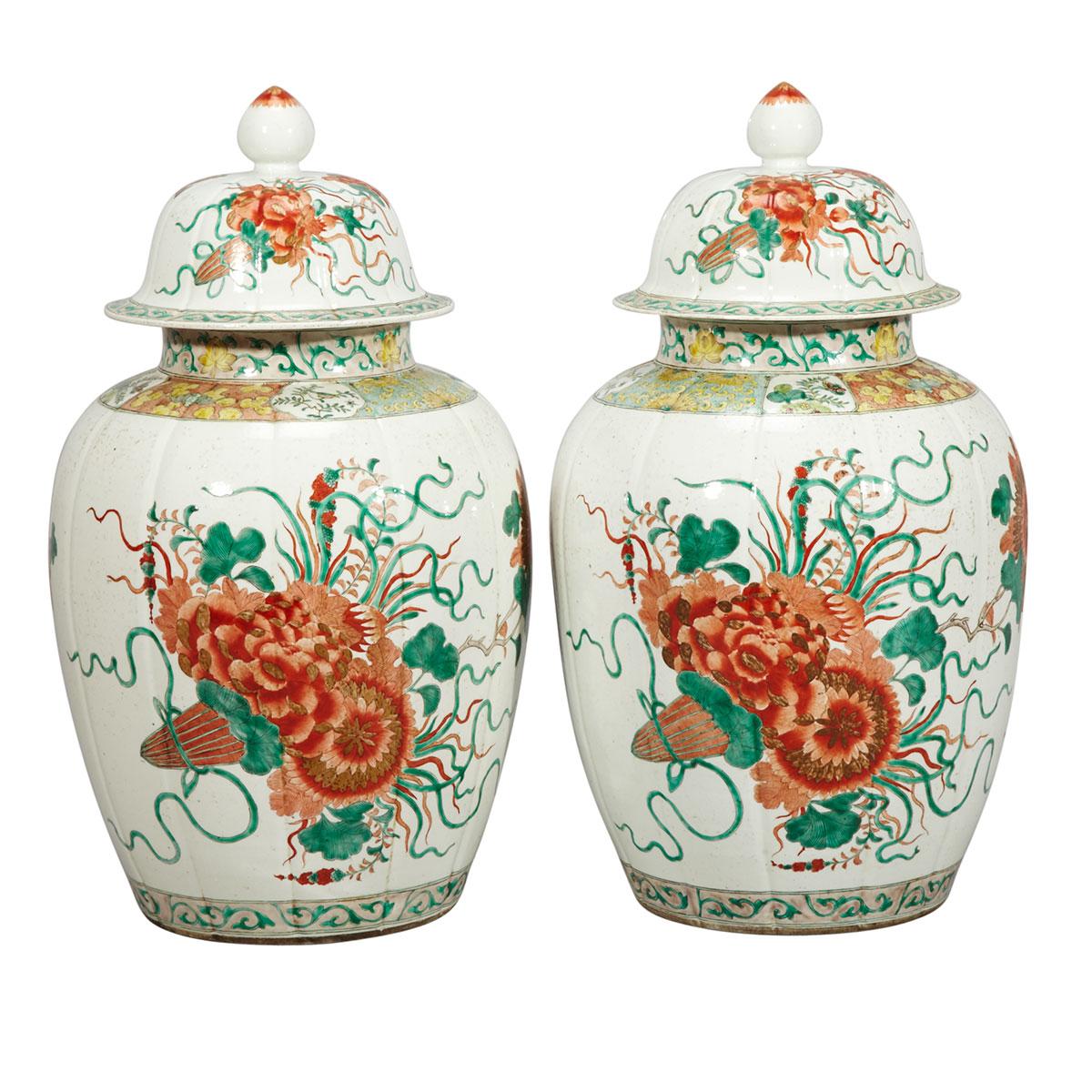 Pair of Famille Verte Melon Form Jars and Covers