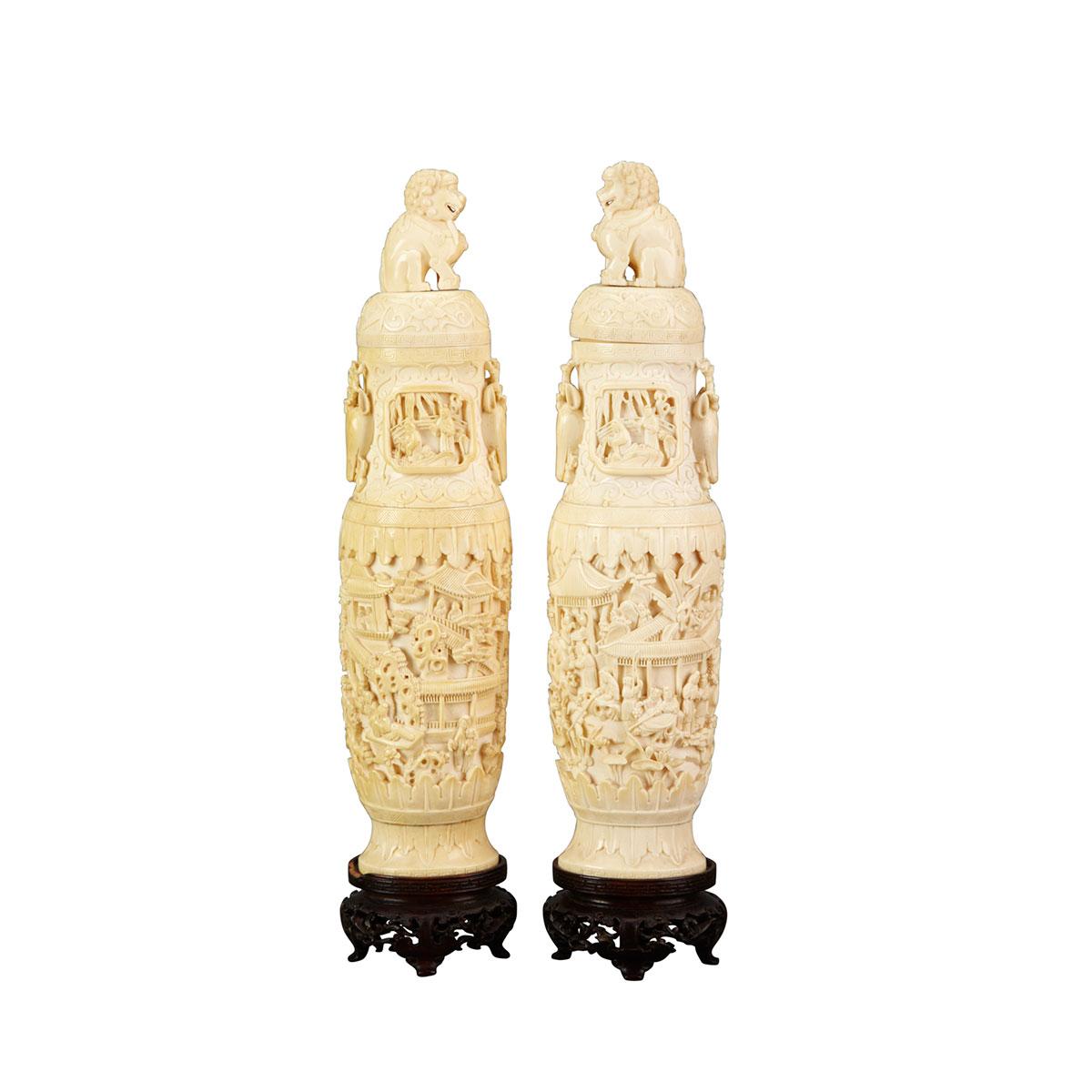 Pair of Ivory Carved Vases and Covers, 19th Century