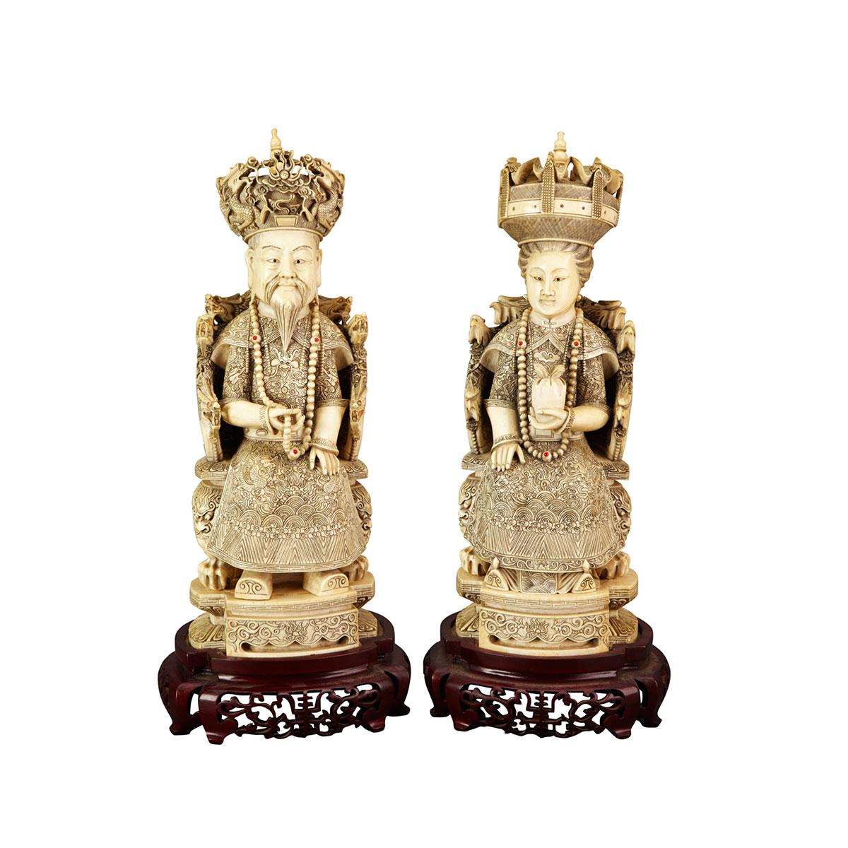 Large Ivory Carved Seated King and Queen