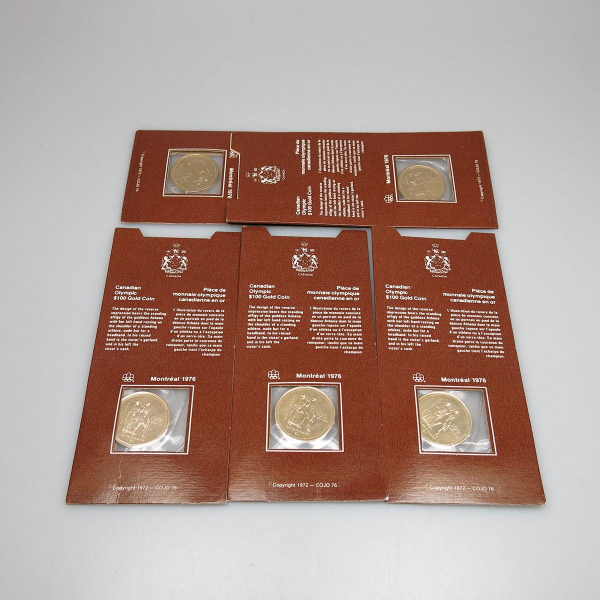 Five Canadian 1976 14K $100 Gold Coins