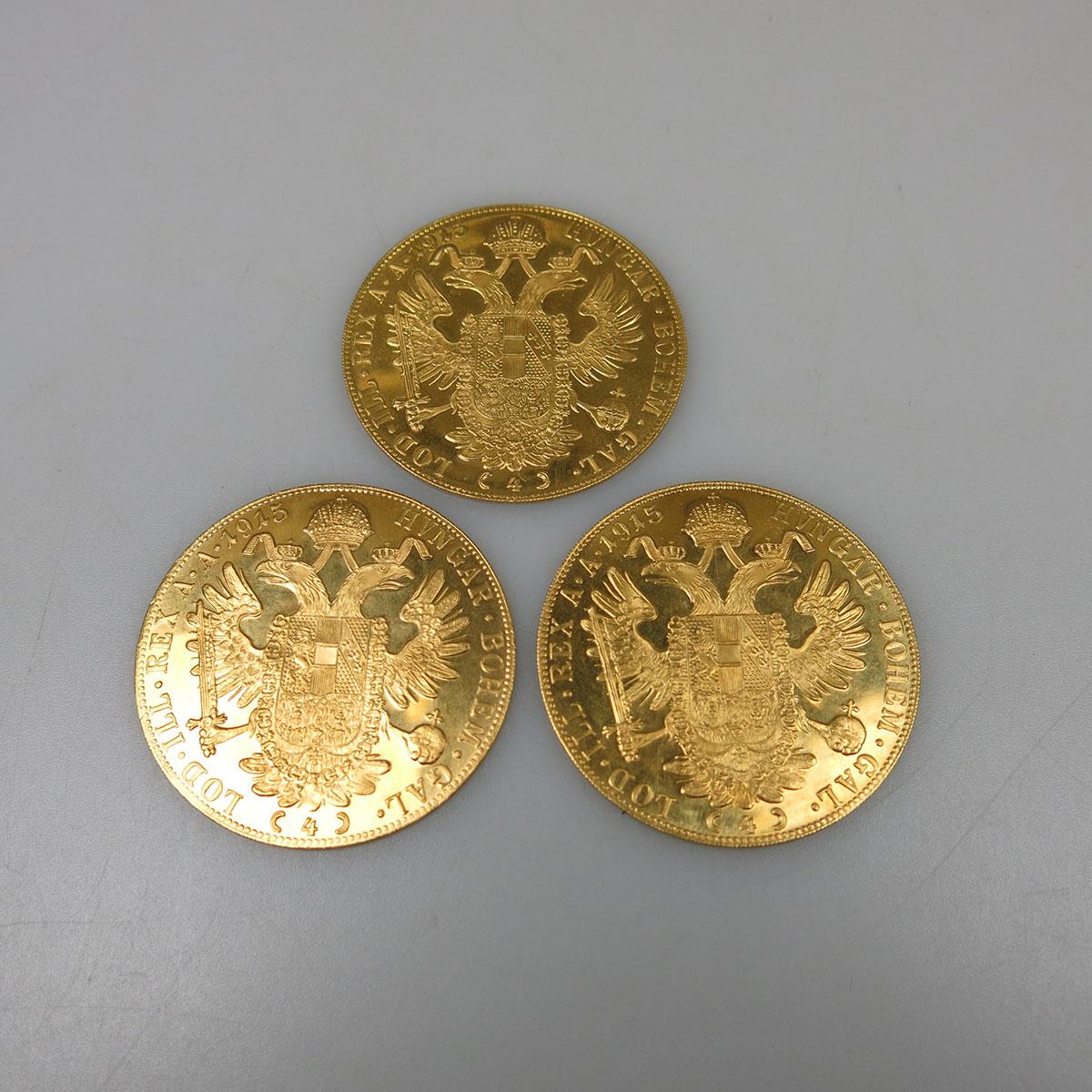 3 Austrian 1915 Restrike 4 Ducat Gold Coins