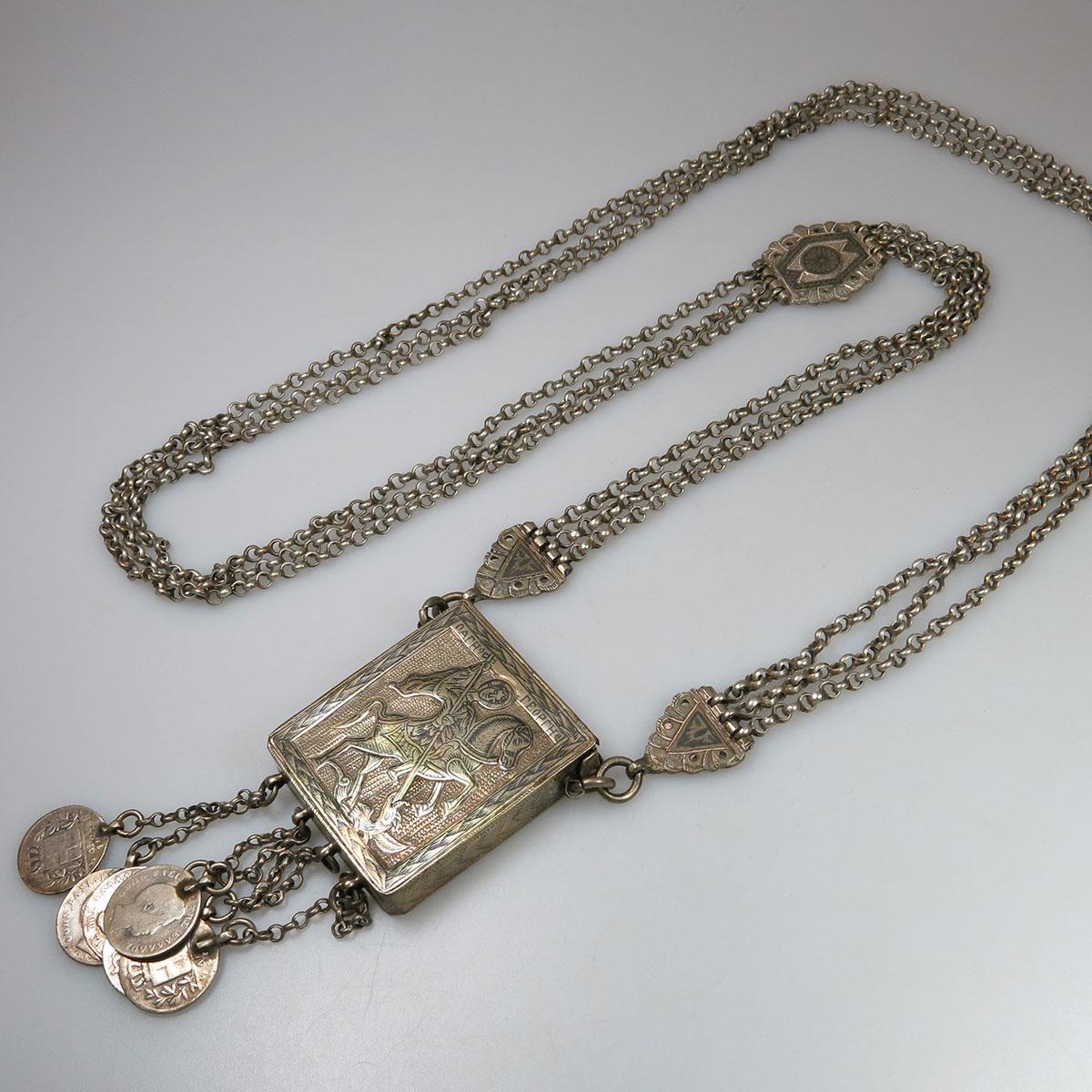 Silver Plated Niello Pendant And Triple Chain
