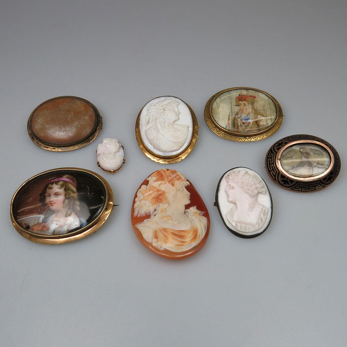 8 Various Cameos, Miniatures And Brooches