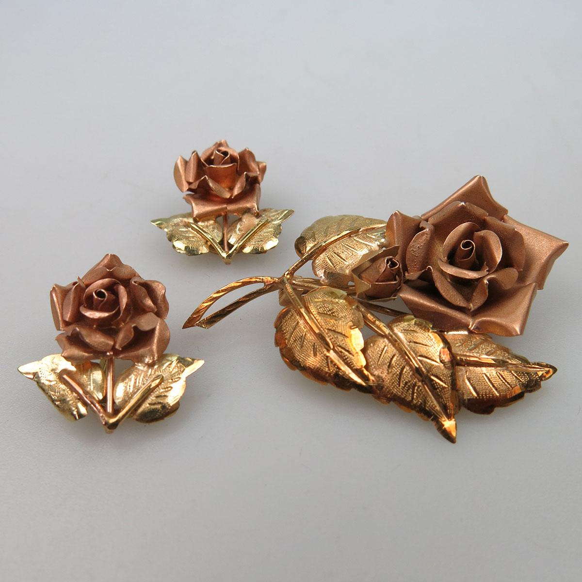 14k Rose And Yellow Gold Brooch And Earrings