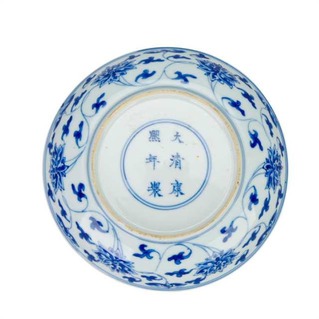 Rare Set of Six Blue and White Lotus Dishes, Kangxi, Yongzheng, Qianlong, Xianfeng, Tongzhi, Guangxu Mark and Period (1664-1796, 1850-1908)