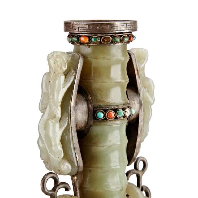 Silver and Jade Bottle Vase, Tibet or Mongolia, Early 20th Century