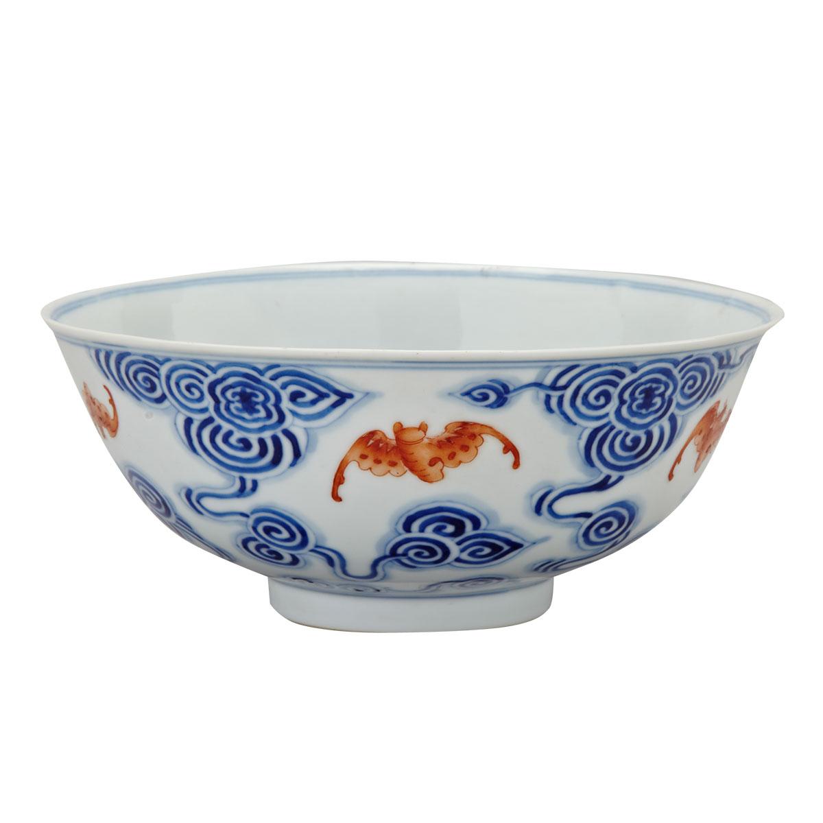 Blue, White and Iron Red Bat Bowl, Guangxu Mark and Period (1875-1908)