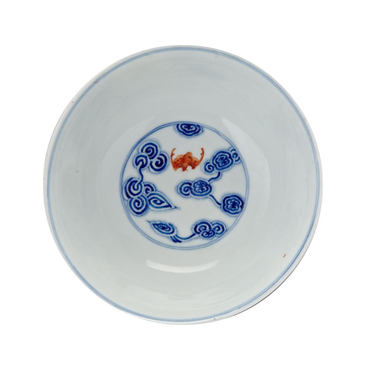 Blue, White and Iron Red Bat Bowl, Guangxu Mark and Period (1875-1908)