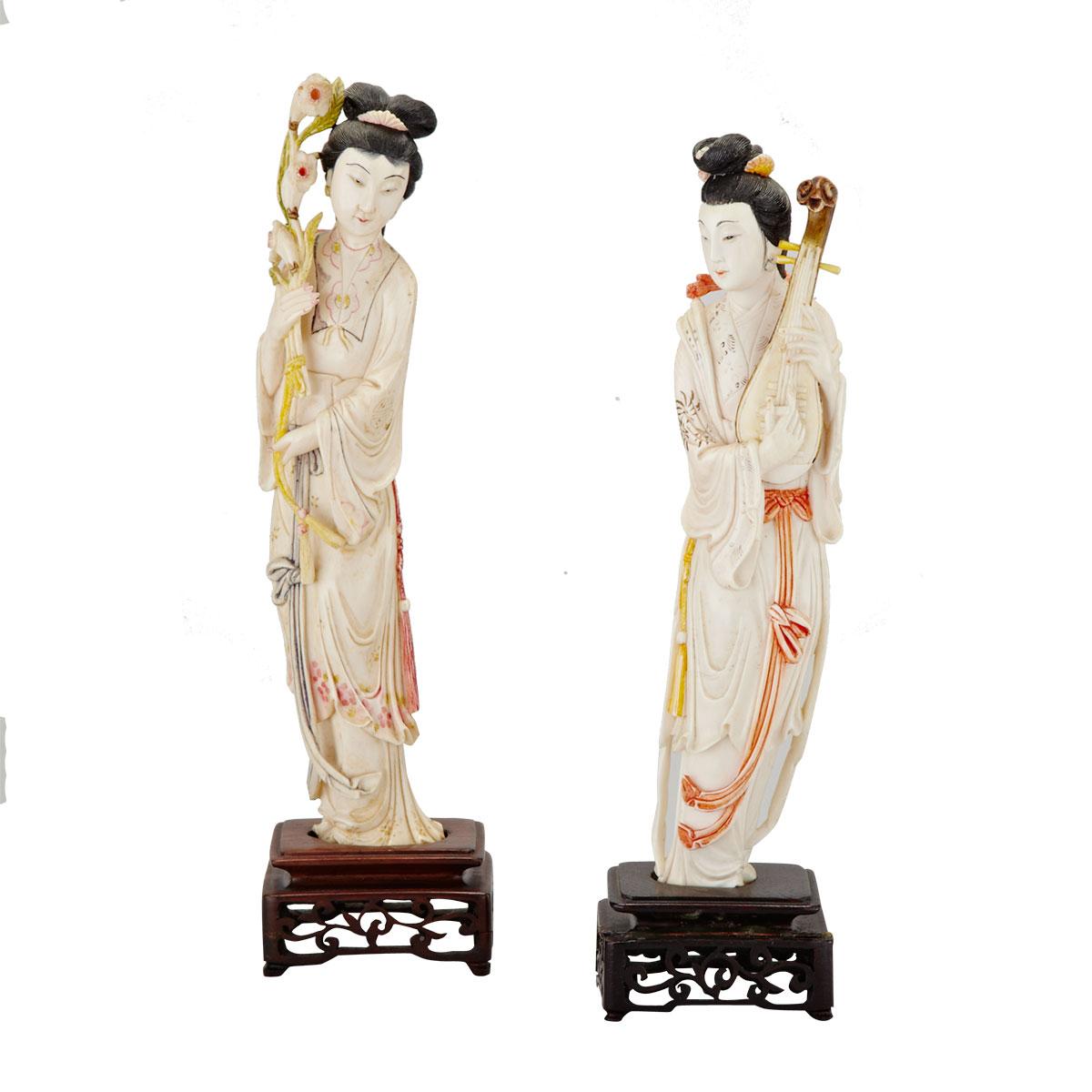 Pair of Ivory Carved Tinted Ladies