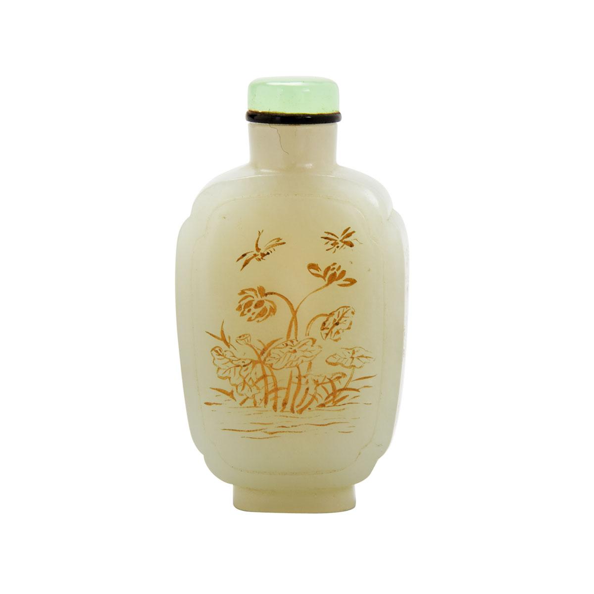 Pale Celadon and Gilt Painted Jade Snuff Bottle, 19th Century