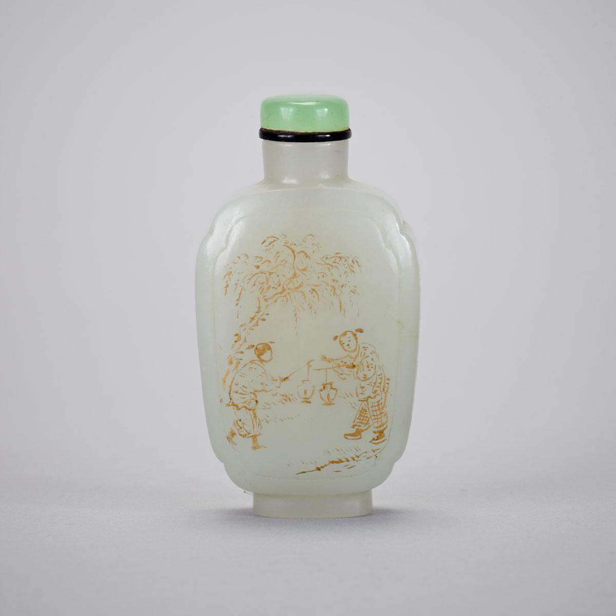 Pale Celadon and Gilt Painted Jade Snuff Bottle, 19th Century