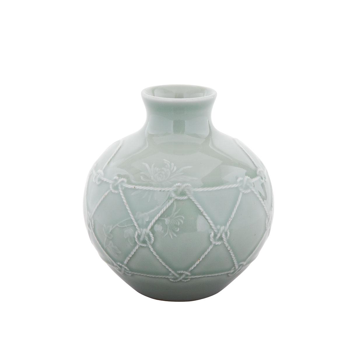 Celadon Moulded ‘Crab and Net’ Vase, Qianlong Mark and Period (1736-1795)