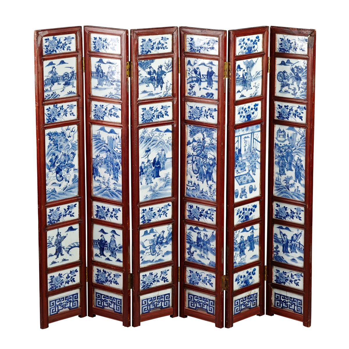 Six Panel Blue and White Porcelain Inlay Table Screen, 19th Century