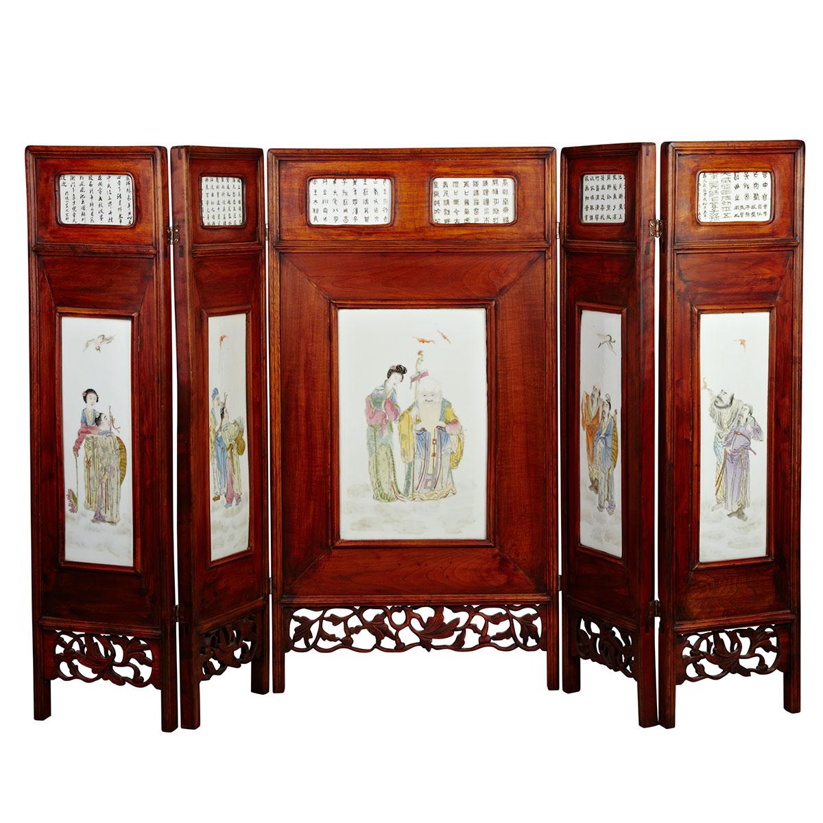 Five Panel Famille Rose ‘Daoist Immortals’ Screen, Republican Period, Dated 1934