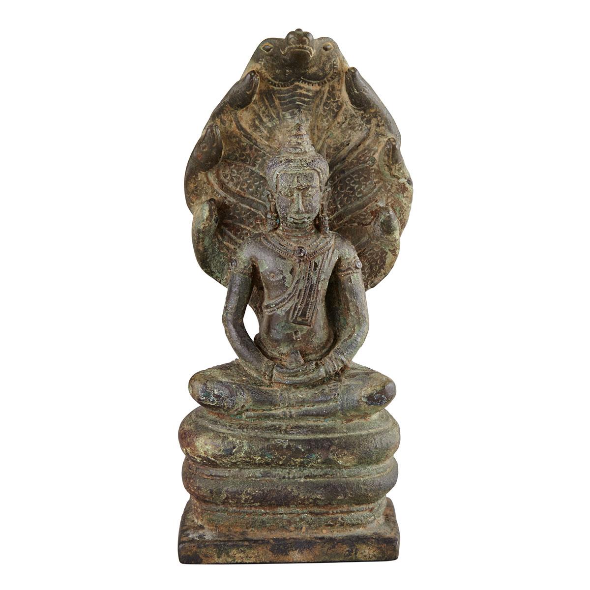Bronze Seated Figure of Buddha Muchalinda, Khmer-Lopburi Style, 13th Century