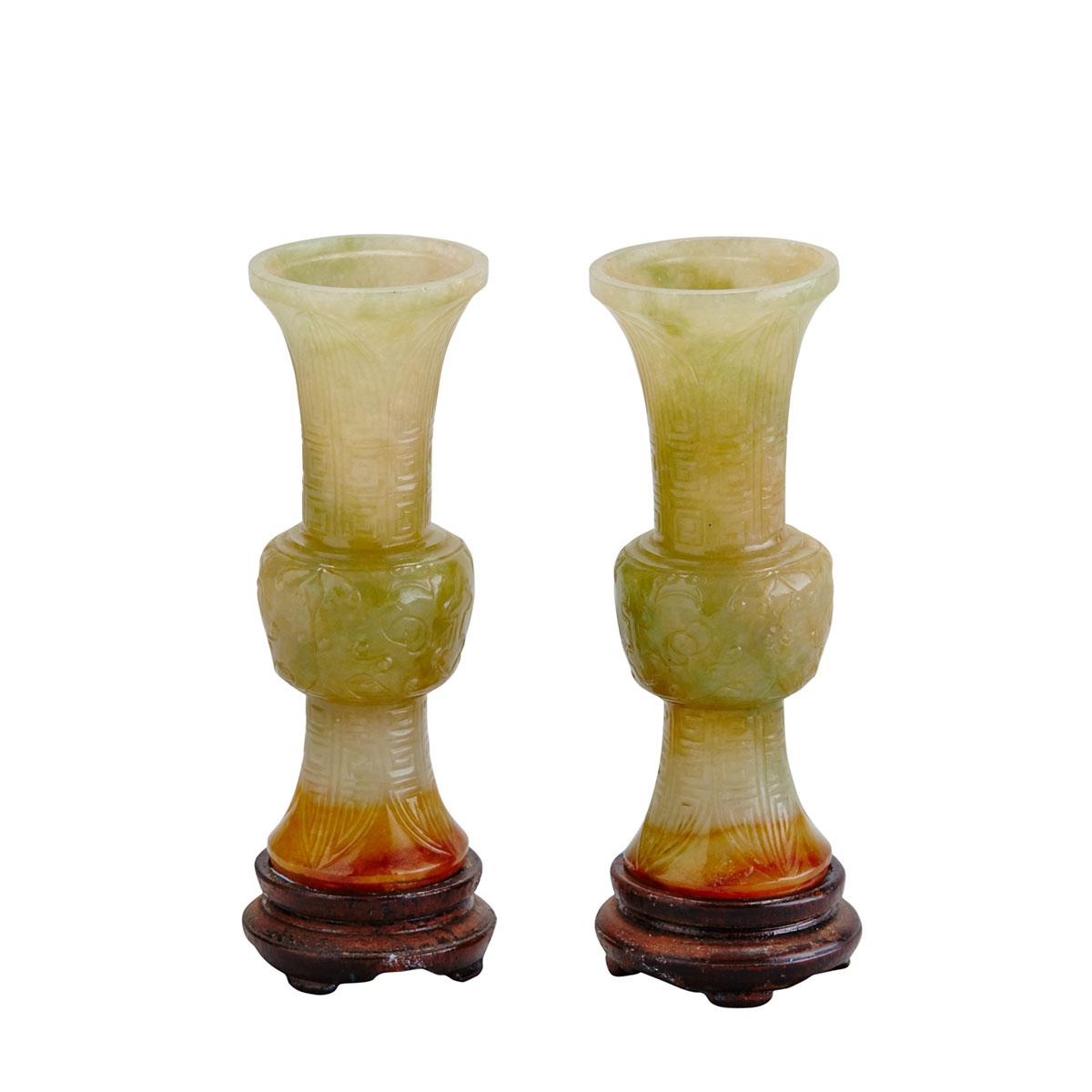 Pair of Miniature Jadeite Archaistic Vases