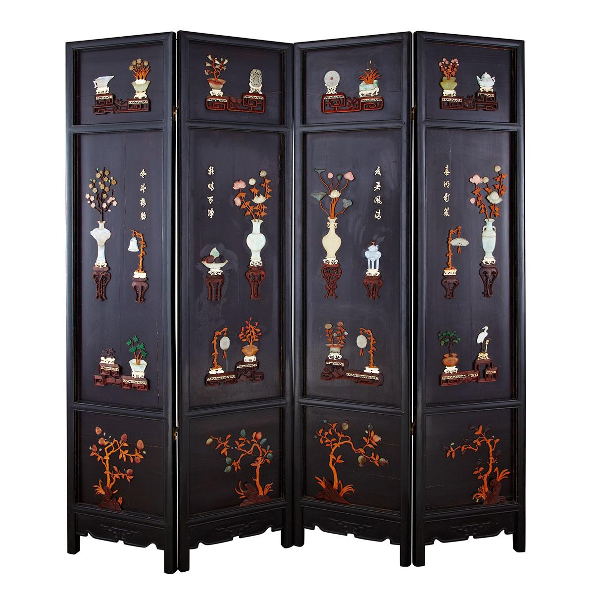 Hardstone Inlay Four Panel Screen, Early 20th Century