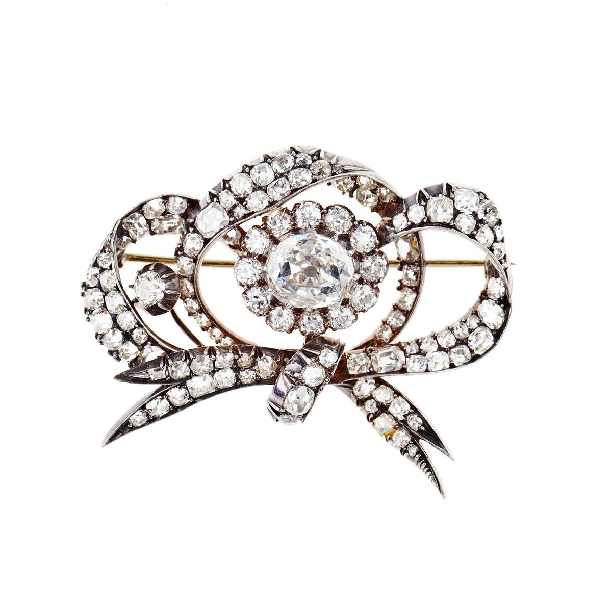 19th Century 15k Yellow Gold And Silver Bow Brooch