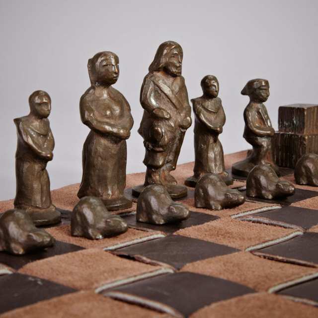 Elford Bradley Cox (1914-2003) Canadian Historical Patinated Bronze Chess Set with Leather  Board