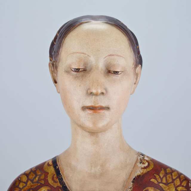 Italian Polychromed and Parcel Gilt Terra Cotta Bust of a Young Woman, Dini & Cellai, c.1880
