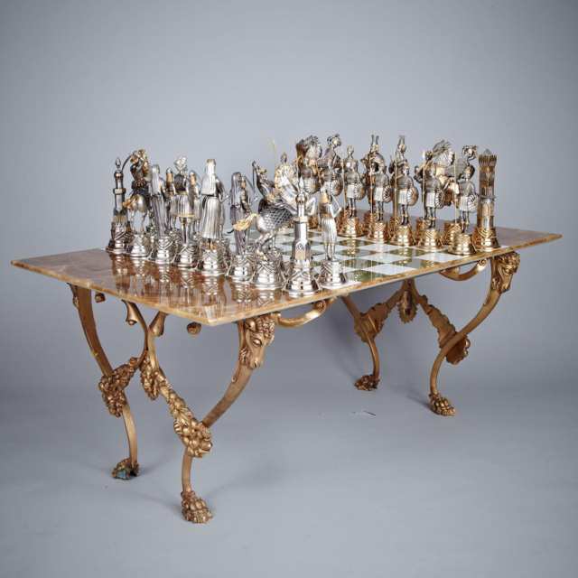 Large Parcel Gilt Silvered Bronze Chess Set on Louis XVI Style Game Board Coffee Table, 20th century