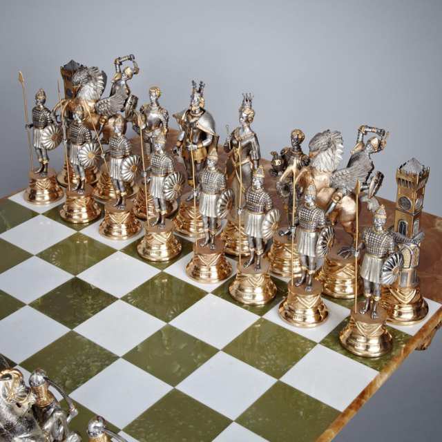 Large Parcel Gilt Silvered Bronze Chess Set on Louis XVI Style Game Board Coffee Table, 20th century