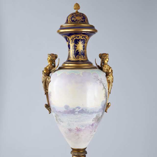 Ormolu Mounted ‘Sèvres’ Large Vase and Cover on Mahogany Stand, late 19th century